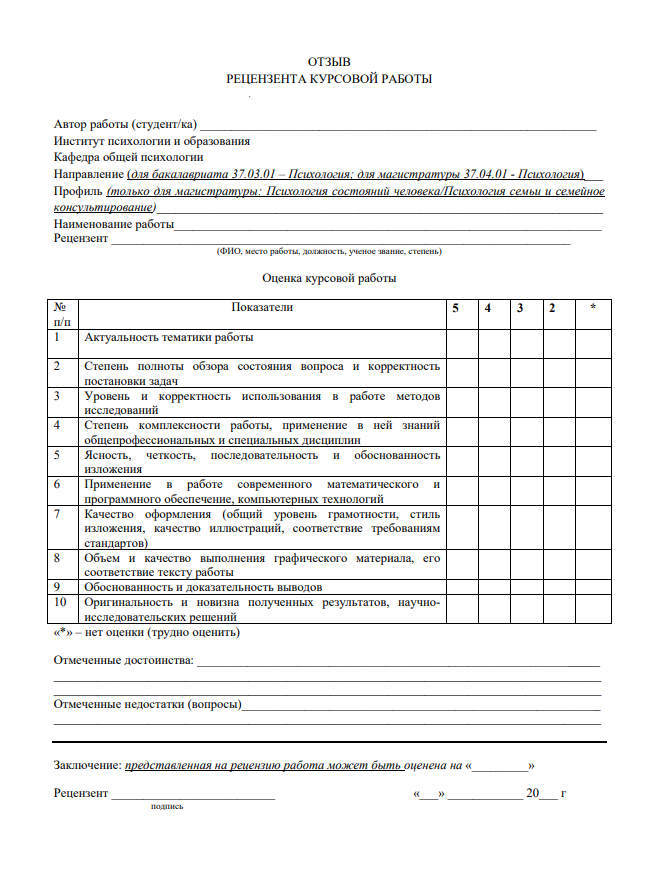 Бланк рецензии на курсовую работу